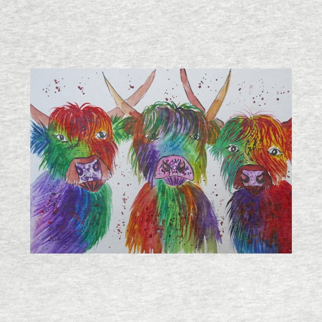 Three Funny Colourful  Highland Cows by Casimirasquirkyart